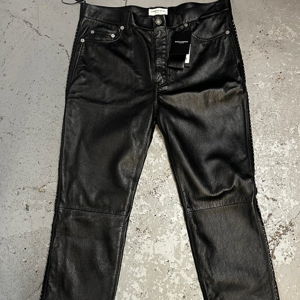 SAINT LAURENT - Slim-Fit Studded Leather Trousers - Black